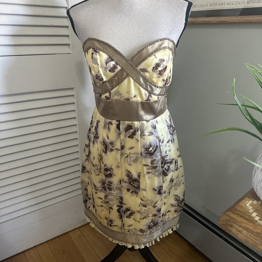 Laundry Shelli Segal Dress 8 Yellow Floral Strapless Cocktail Mini Dainty Party